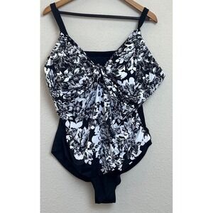 NWT SWIMSUITS FOR ALL Black Gray Tropical Floral One Piece Size 24 F/G Underwire